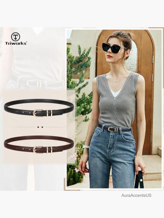 2 Pack Women Skinny Faux Leather Belts with Gold Buckle for Jeans Pants main image 5